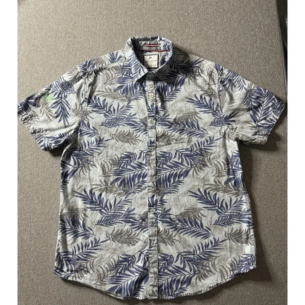 Denim And Flower Ricky Singh Slim Fit Blue And White Palm Leaves Shirt Large‎